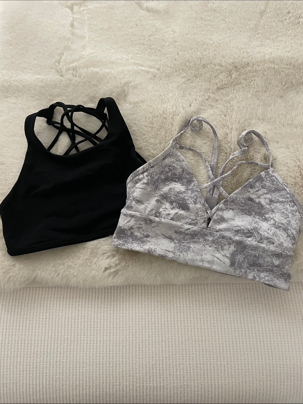 Lululemon Set of Two Strappy Sports Bras in Black and Gray Marble, size 2